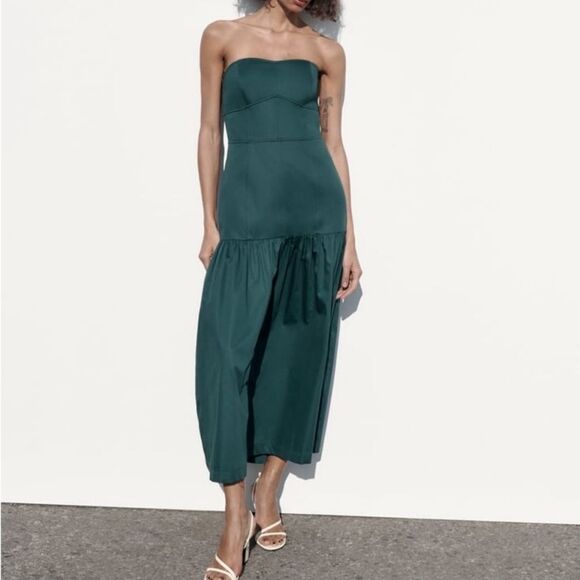 NWT ZARA GREEN TOPSTITCHED STRAPLESS MAXI DRESS size small - Picture 2 of 16